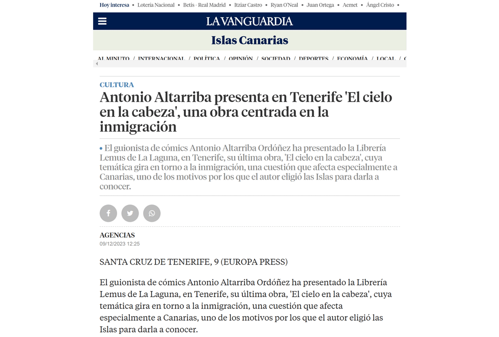 LA VANGUARDIA | Antonio Altarriba presenta en Tenerife ‘El cielo en la cabeza’, una obra centrada en la inmigración