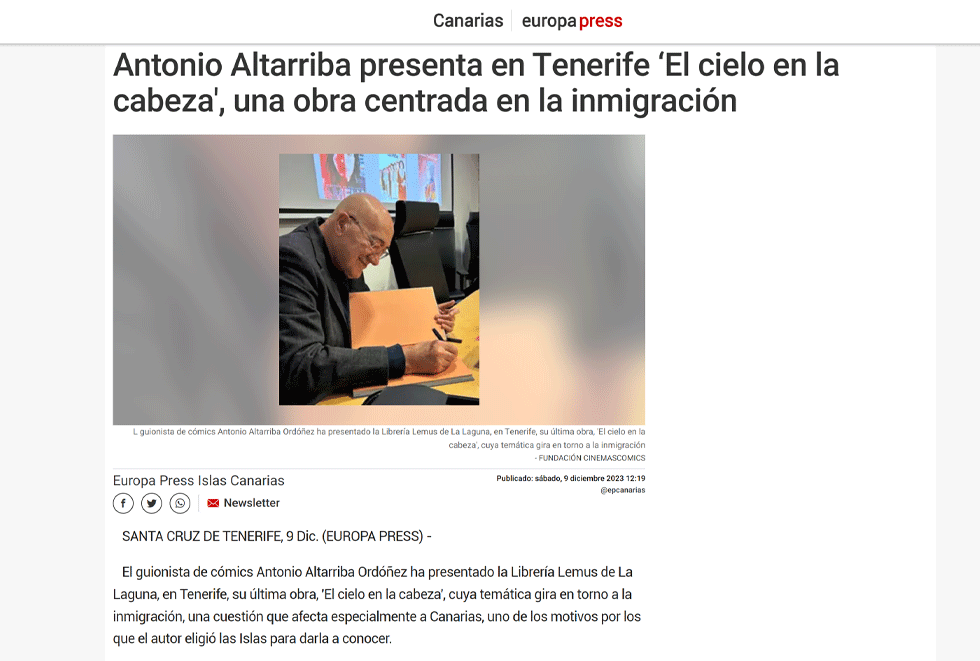 EUROPA PRESS | Antonio Altarriba presenta en Tenerife ‘El cielo en la cabeza’, una obra centrada en la inmigración