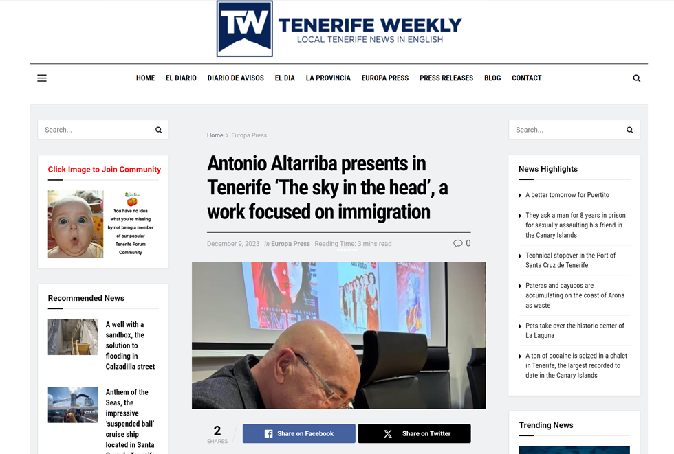 TENERIFE WEEKLY | Antonio Altarriba presents in Tenerife ‘The sky in the head’, a work focused on immigration
