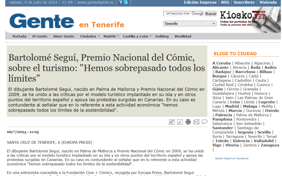 Gente Digital | Bartolomé Seguí, Premio Nacional del Cómic, sobre el turismo: «Hemos sobrepasado todos los límites»