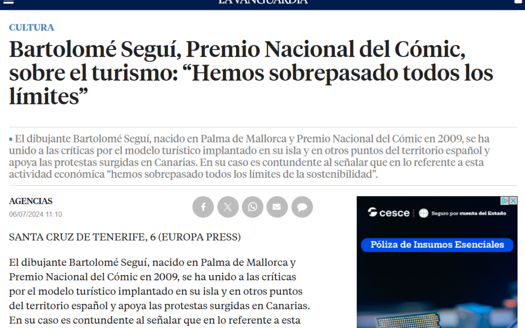 LA VANGUARDIA | Bartolomé Seguí, Premio Nacional del Cómic, sobre el turismo: “Hemos sobrepasado todos los límites”