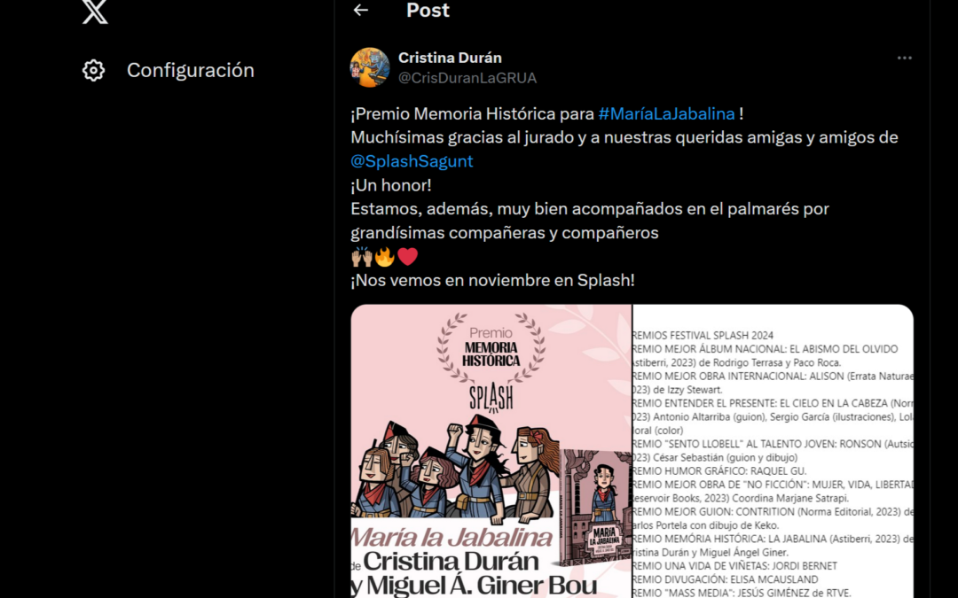 X | @CrisDuranLaGRUA ¡Premio Memoria Histórica para #MaríaLaJabalina!