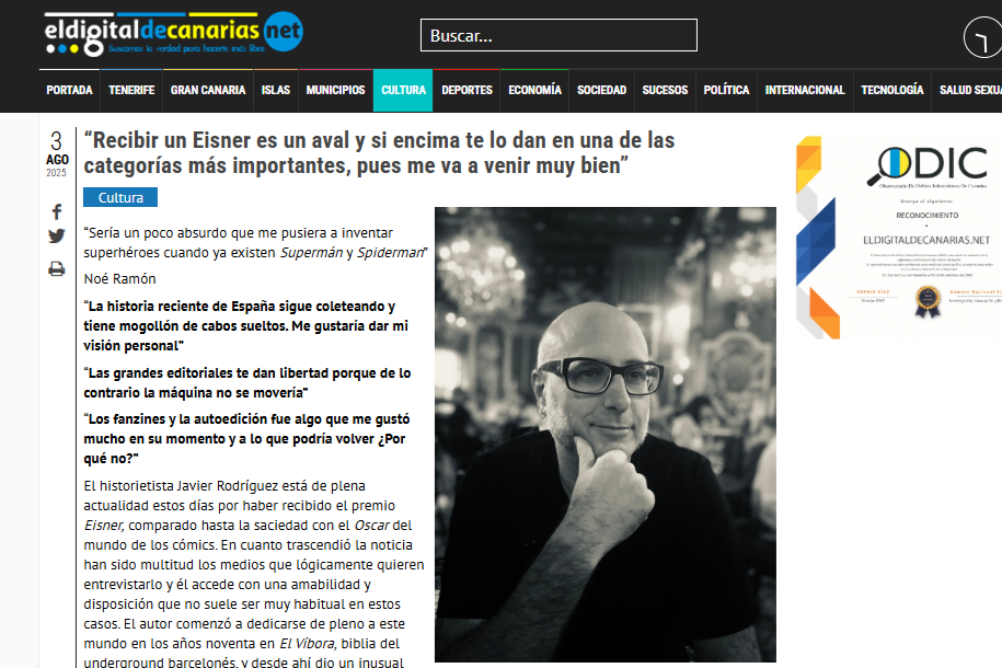 EL DIGITAL DE CANARIAS.NET | “Recibir un Eisner es un aval y si encima te lo dan en una de las categorías más importantes, pues me va a venir muy bien”