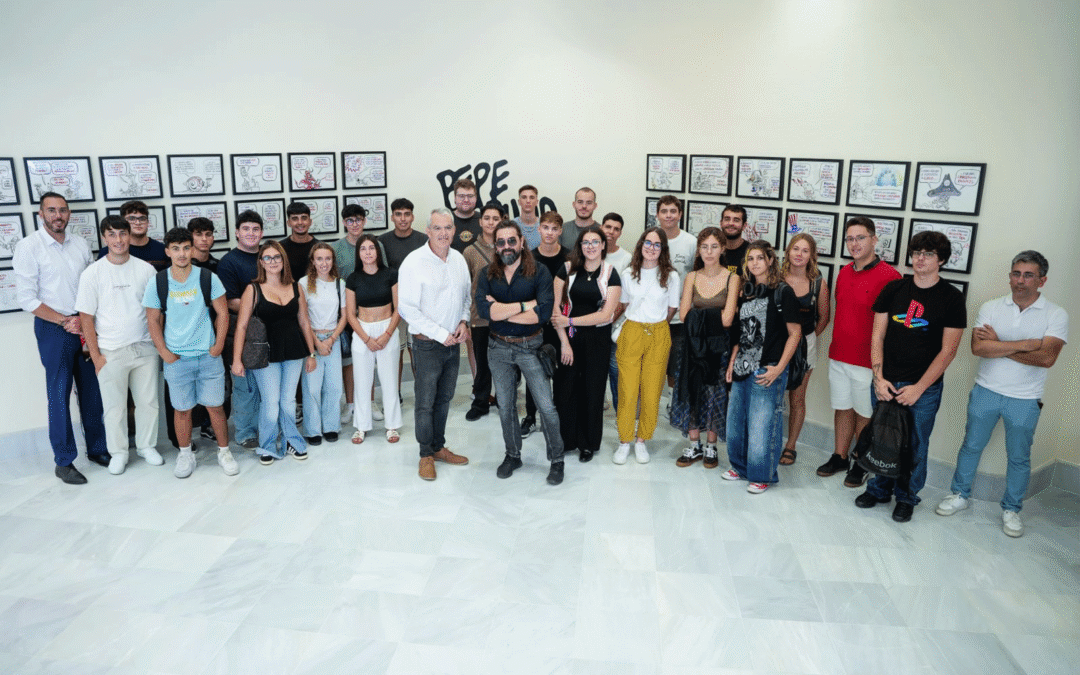 Humor y viñetas para comenzar el curso: Pepe Farruqo ofrece una visita guiada por su exposición a estudiantes de nuevo ingreso de la ULL