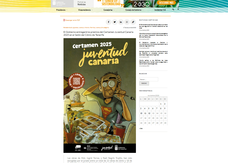 GOBIERNO DE CANARIAS | El Gobierno entregará los premios del Certamen Juventud Canaria 2025 en el Salón del Cómic de Tenerife