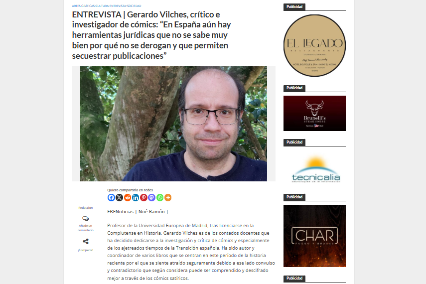 EL  BLOGO FEROZ | ENTREVISTA | Gerardo Vilches, crítico e investigador de cómics: “En España aún hay herramientas jurídicas que no se sabe muy bien por qué no se derogan y que permiten secuestrar publicaciones”