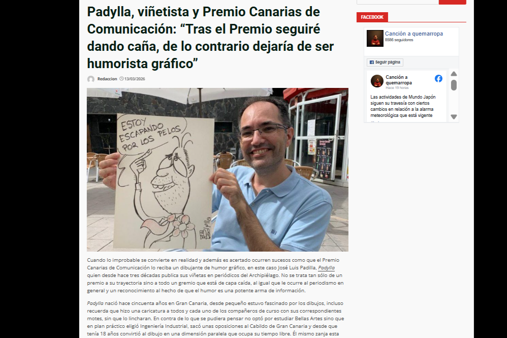CANCIÓN A QUEMARROPA | Padylla, viñetista y Premio Canarias de Comunicación: “Tras el Premio seguiré dando caña, de lo contrario dejaría de ser humorista gráfico”