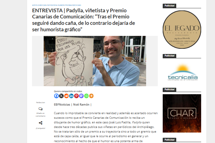 EL BLOGO FEROZ | ENTREVISTA | Padylla, viñetista y Premio Canarias de Comunicación: “Tras el Premio seguiré dando caña, de lo contrario dejaría de ser humorista gráfico”