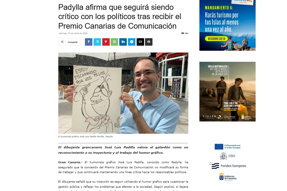 NOTICIAS 8 ISLAS CANARIAS | Padylla afirma que seguirá siendo crítico con los políticos tras recibir el Premio Canarias de Comunicación