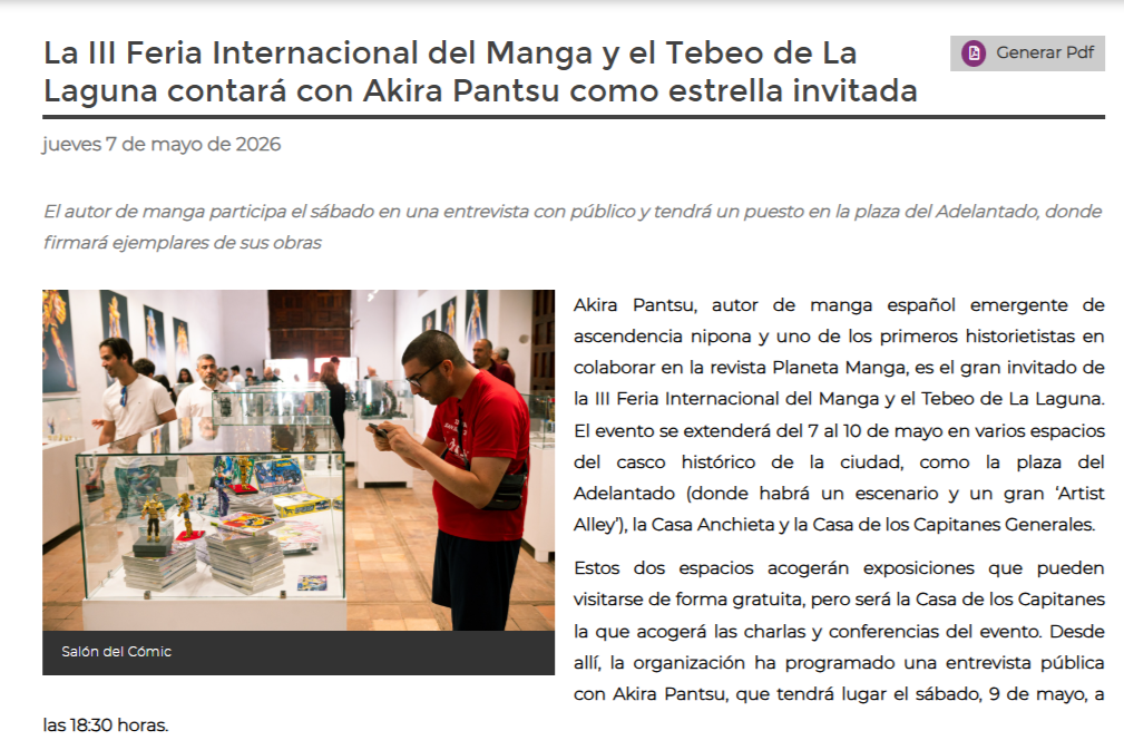 AYUNTAMIENTO DE SAN CRISTÓBAL DE LA LAGUNA | La III Feria Internacional del Manga y el Tebeo de La Laguna contará con Akira Pantsu como estrella invitada