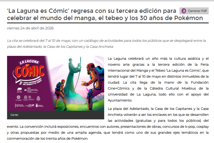 AYUNTAMIENTO DE SAN CRISTÓBAL DE LA LAGUNA | ‘La Laguna es Cómic’ regresa con su tercera edición para celebrar el mundo del manga, el tebeo y los 30 años de Pokémon
