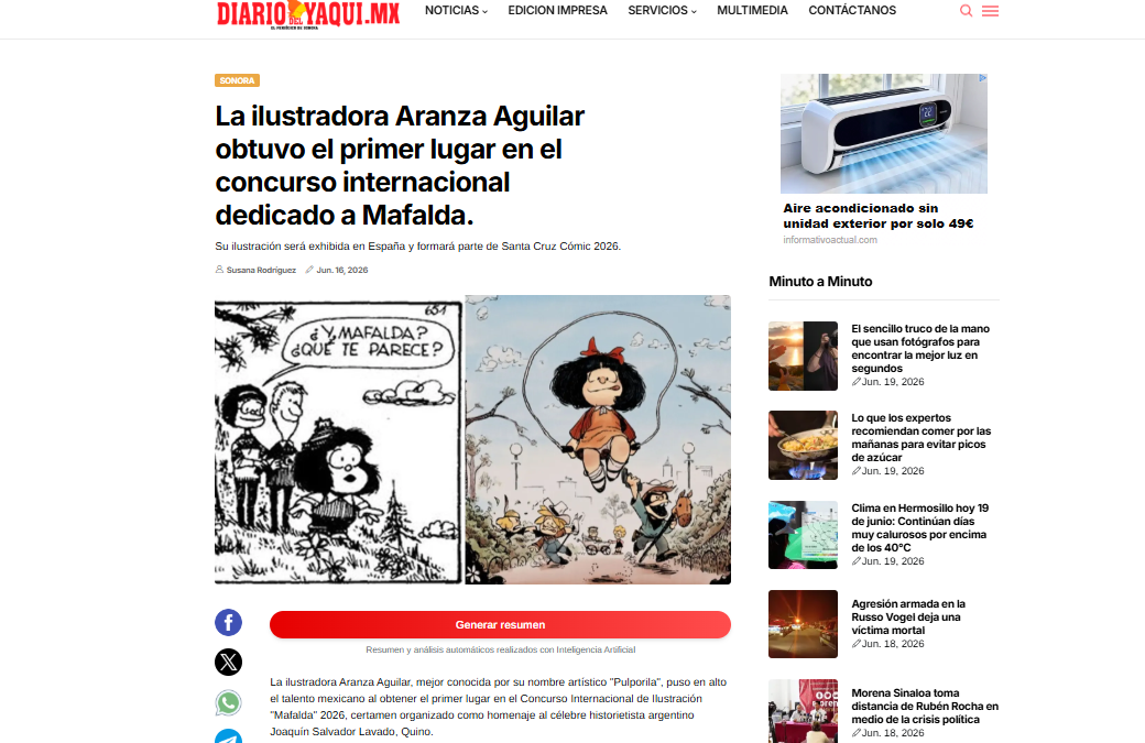 DIARIO DEL YAQUI.MX |  La ilustradora Aranza Aguilar obtuvo el primer lugar en el concurso internacional dedicado a Mafalda.