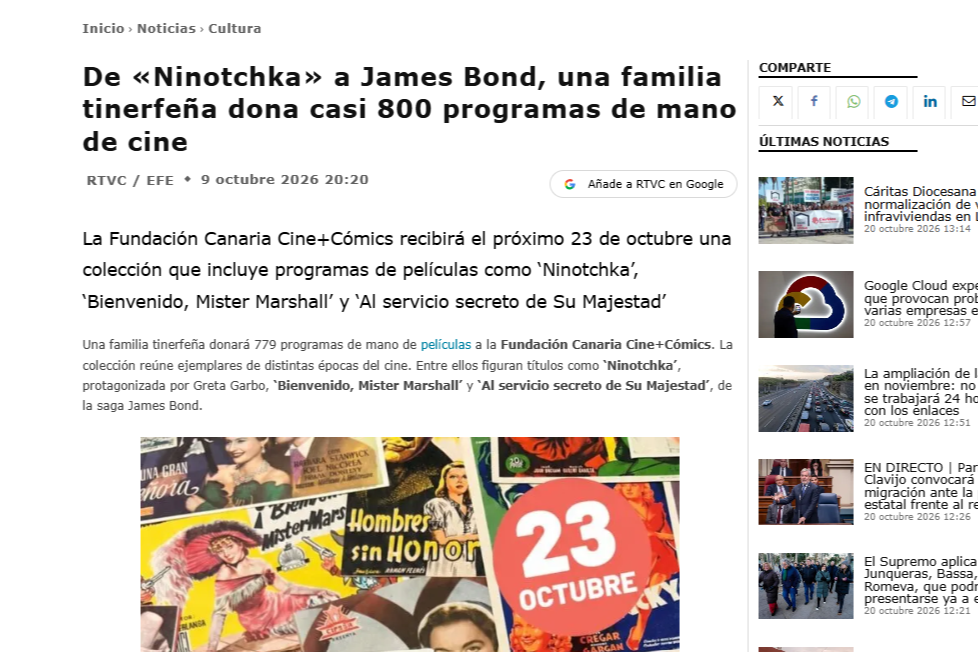 RADIO TELEVISIÓN CANARIA | De «Ninotchka» a James Bond, una familia tinerfeña dona casi 800 programas de mano de cine