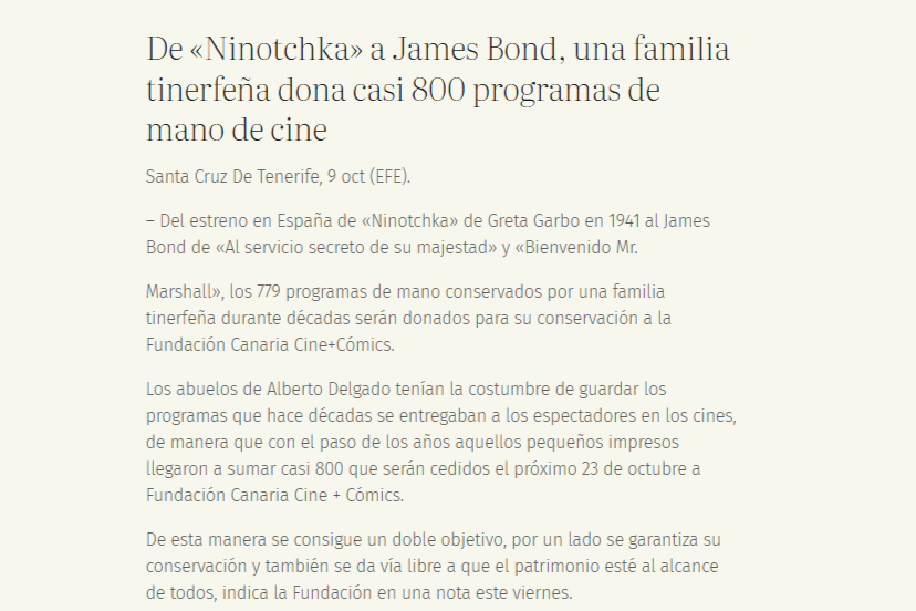 CANARIAS NEWS | De «Ninotchka» a James Bond, una familia tinerfeña dona casi 800 programas de mano de cine